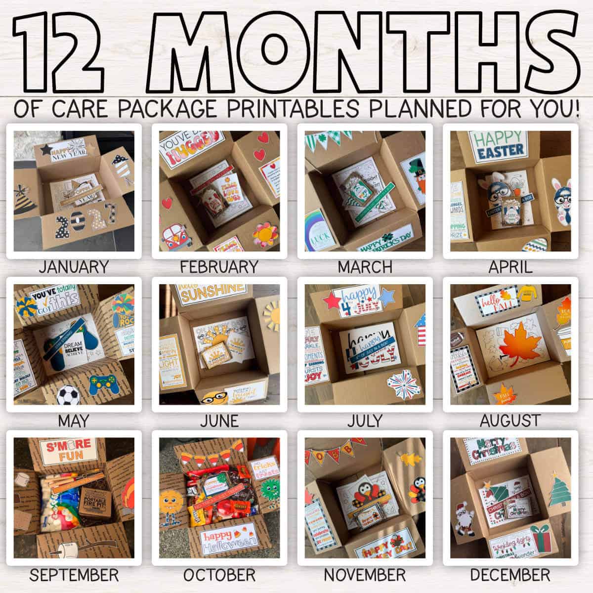 Image of 12 care package boxes with seasonal printable decor on the box flaps.