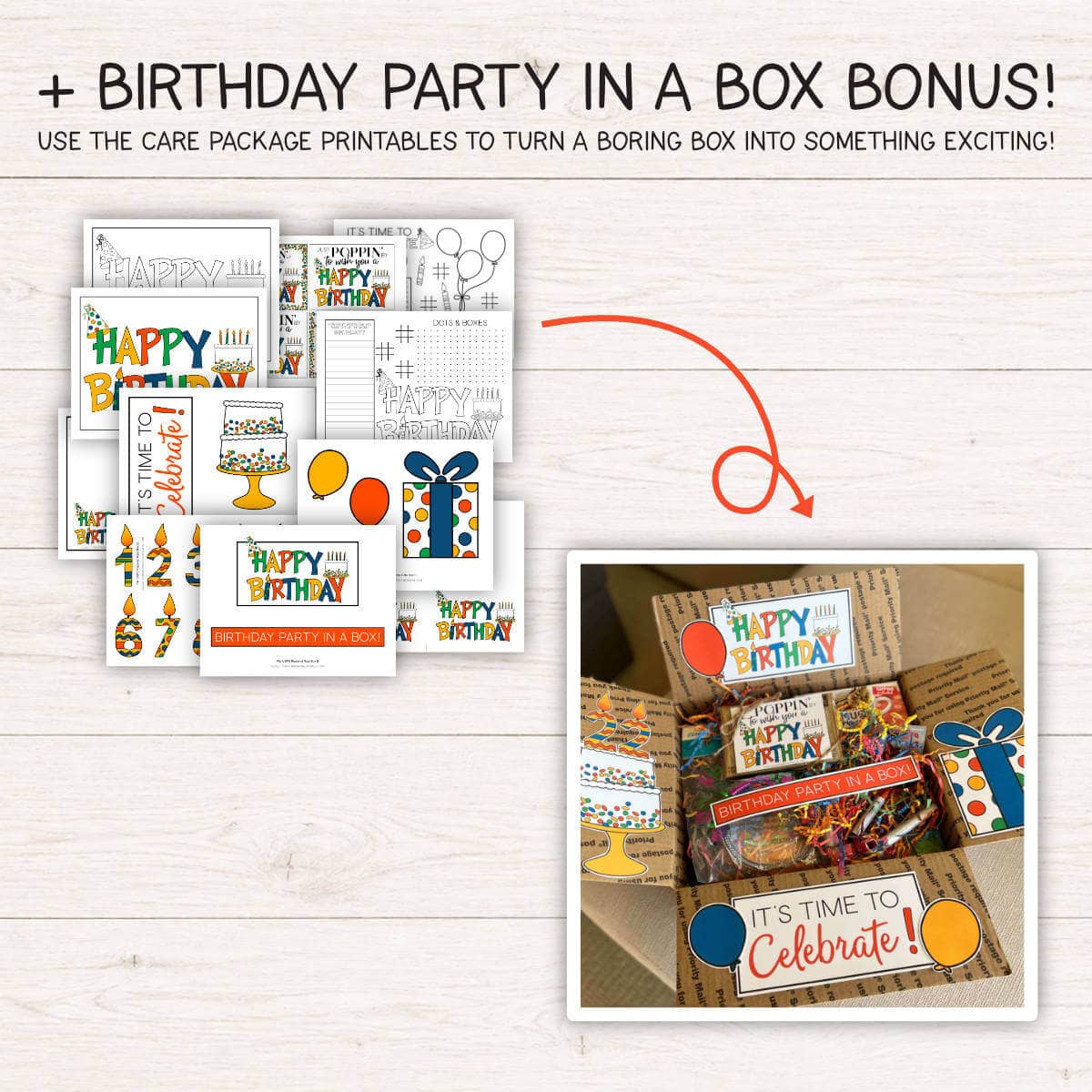 Image of printable pages with Birthday designs on them with an arrow pointing to an image of a box with printable box flap decor in a Birthday theme.