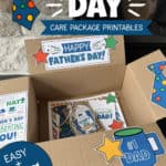 Image of a box with printable decor on the box flaps in a Father's Day theme.