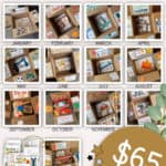 Image of 13 boxes decorated with care package printables.
