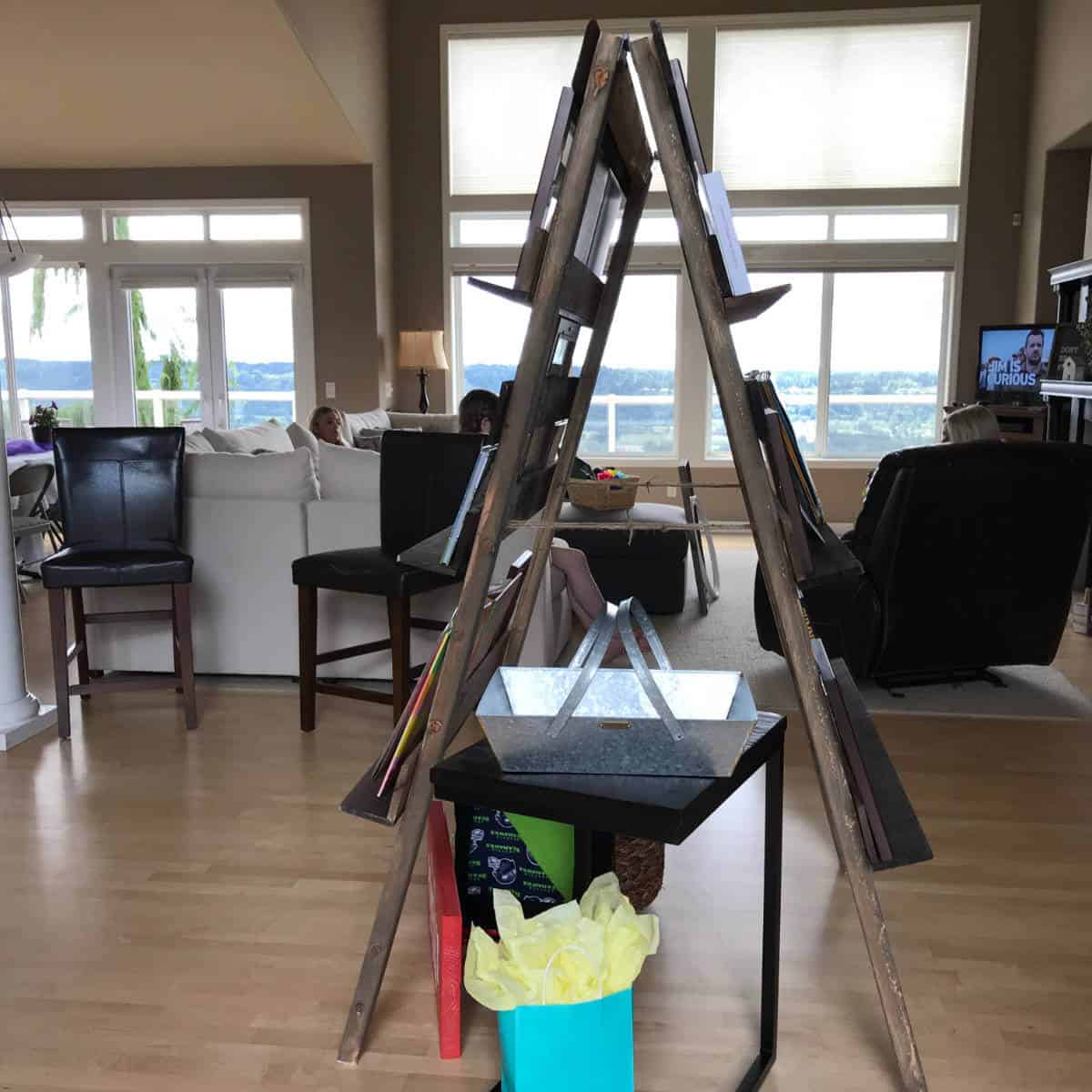 Side view of a photo display built out of wood.