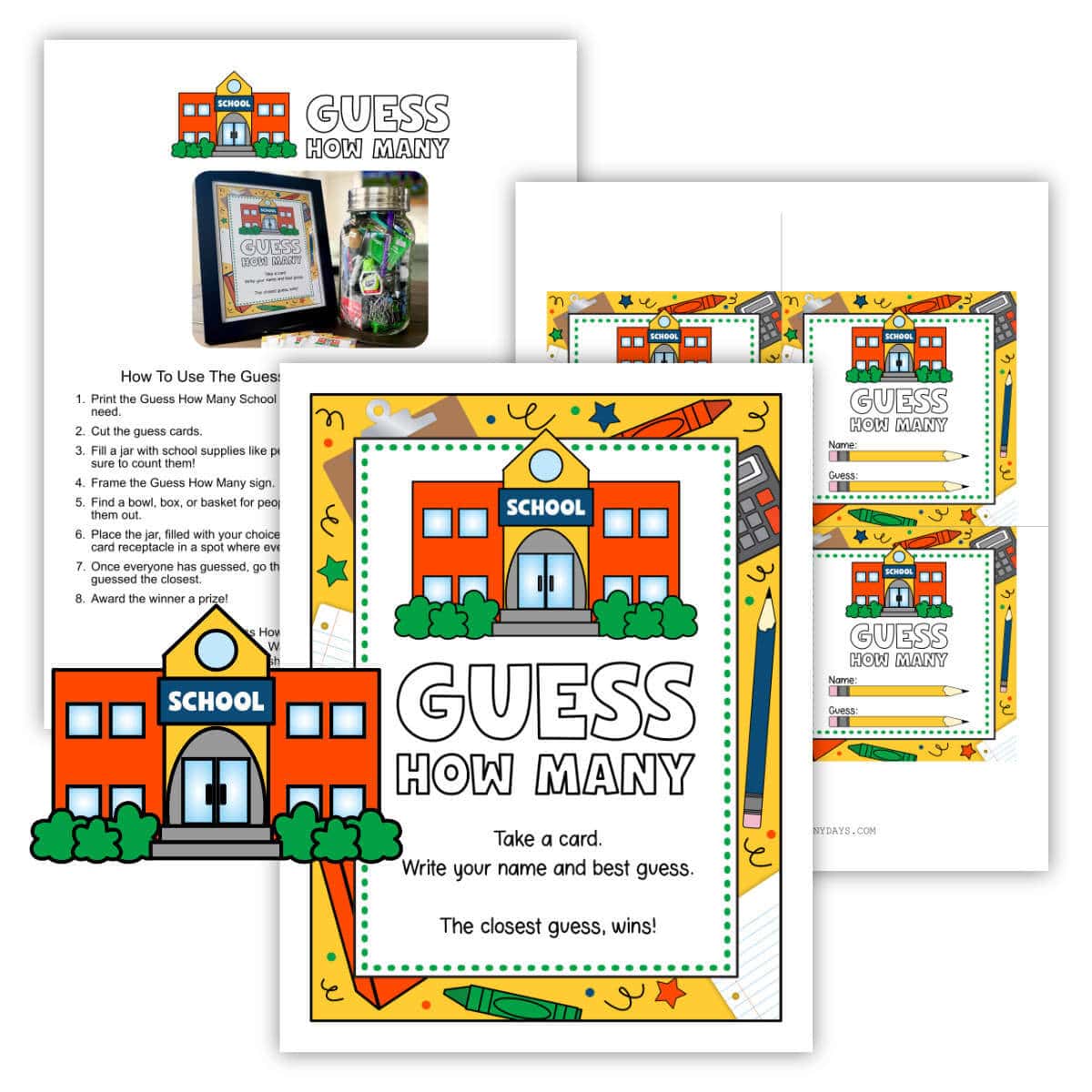 Image of three printable pages for a Guess How Many Game with a school theme.