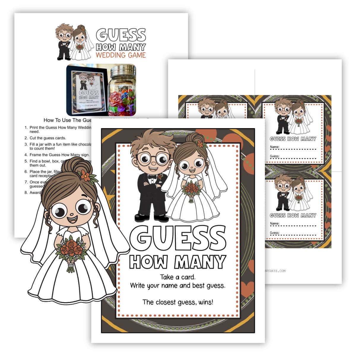 Image of three printable pages for a Guess How Many Wedding game with a clipart bride near the pages.