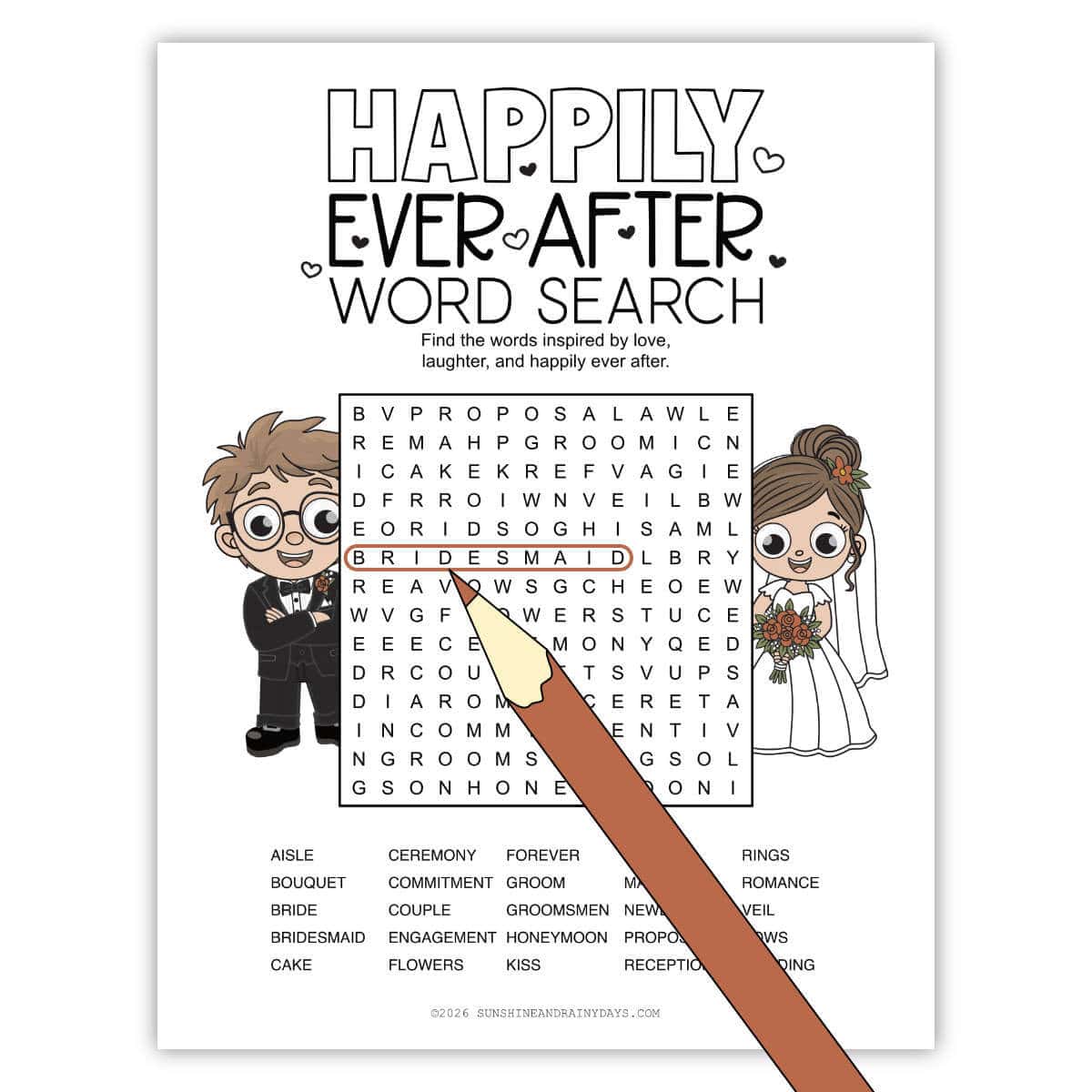 Image of a printable Happily Ever After Word Search with a clipart red pencil.