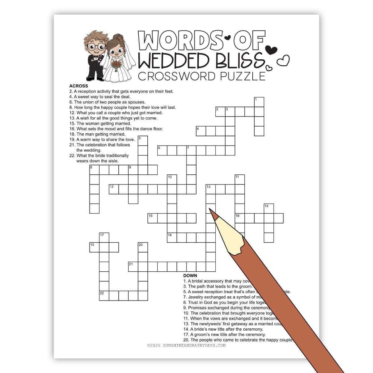 Image of a printable crossword puzzle with a wedding theme and a clipart red pencil in front.