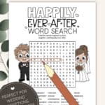 Image of a Happily Ever After Wedding Word Search printable page with a clipart red pencil on it and a clipart bride and groom on each side of the word search.