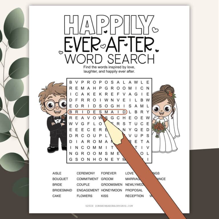 Image of a printable wedding word search with a clipart red pencil and bride and groom.
