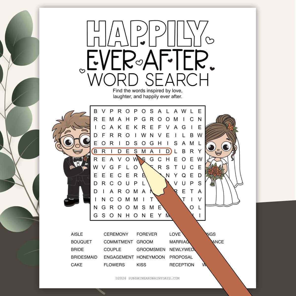 Image of a printable wedding word search with a clipart red pencil and bride and groom.