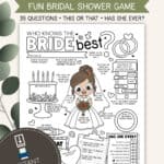 Image of a printable Who Knows The Bride Best game sheet with greenery behind it.