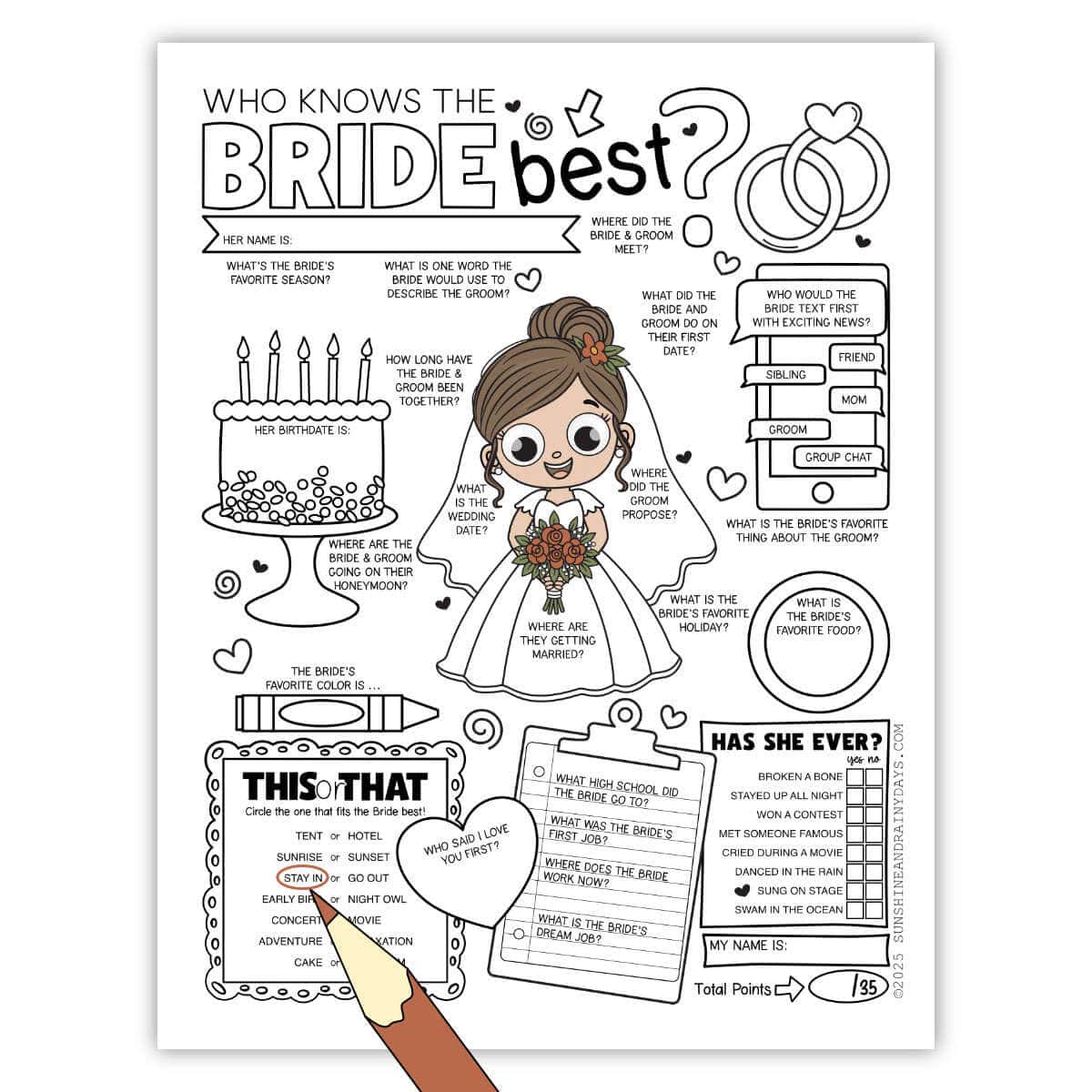 Image of a printable Who Knows The Bride Best game on a white background with a clipart red pencil in front.