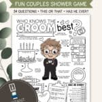 Image of a printable Who Knows The Groom Best Game with clipart greenery in back.