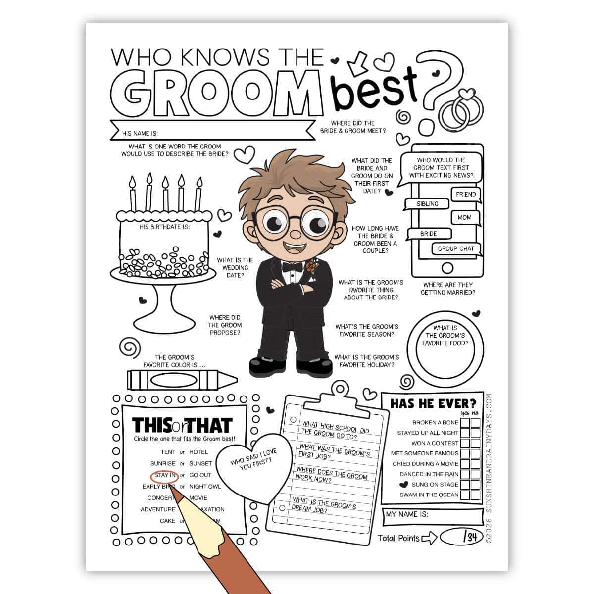 Image of a Who Knows The Groom Best game sheet on a white background with a red clipart pencil in front.