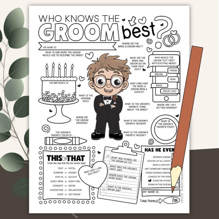 Image of a printable Who Knows The Groom Best Game with clipart greenery and a red pencil.