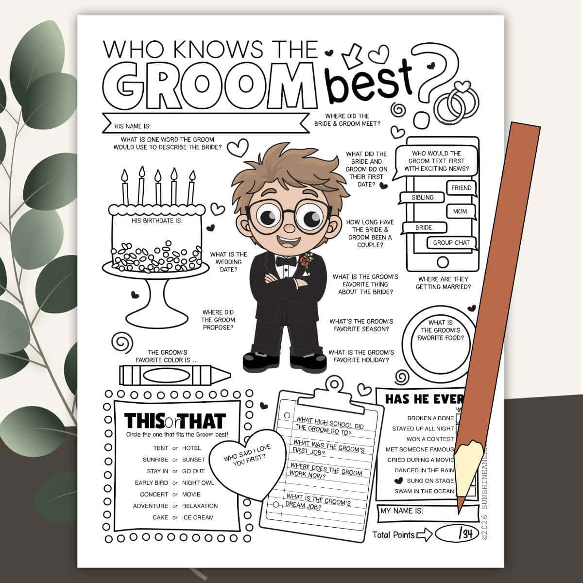 Image of a printable Who Knows The Groom Best Game with clipart greenery and a red pencil.