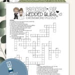 Image of a crossword puzzle titled Words Of Wedded Bliss with greenery in the background.