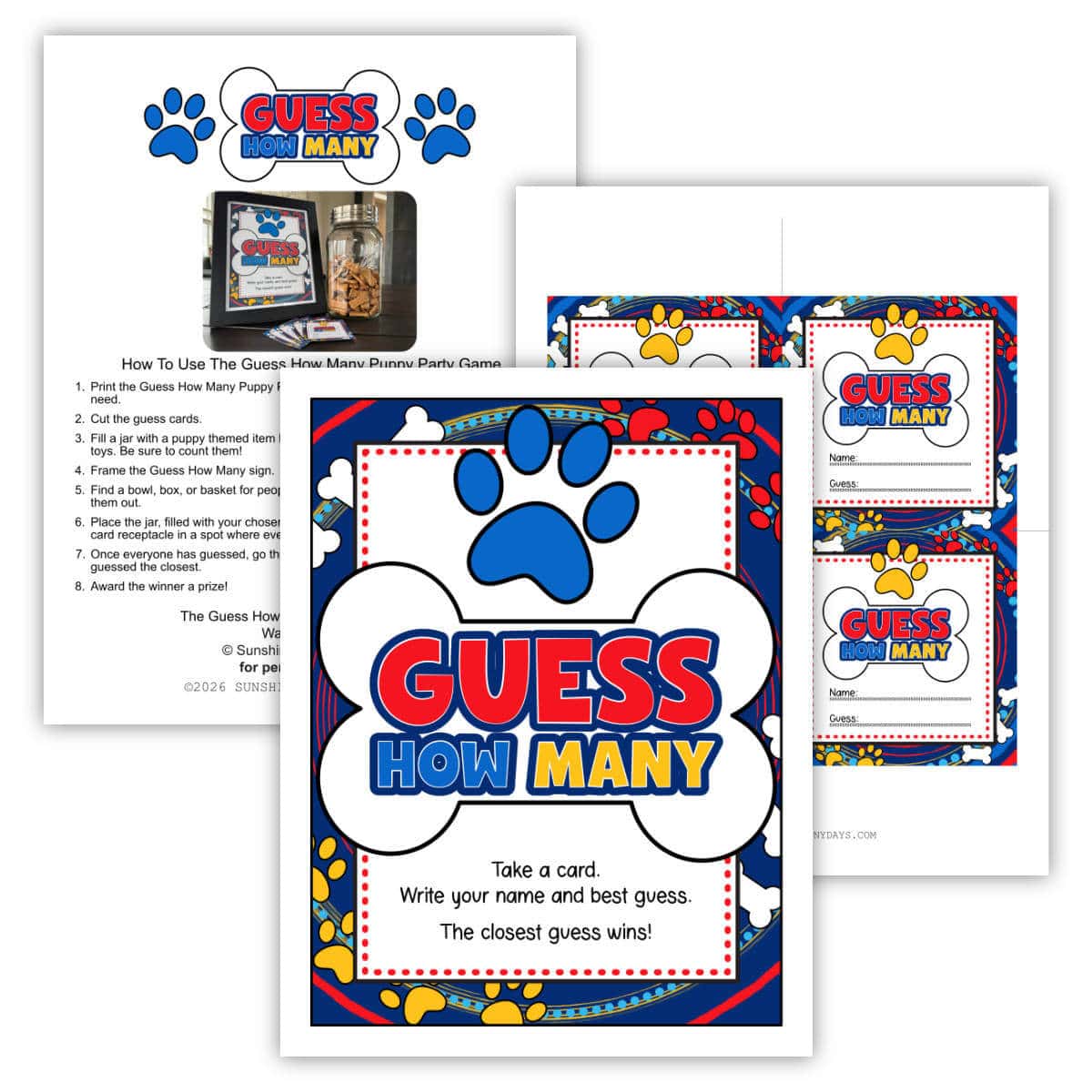 Image of three printable pages for a puppy-themed guess how many game.