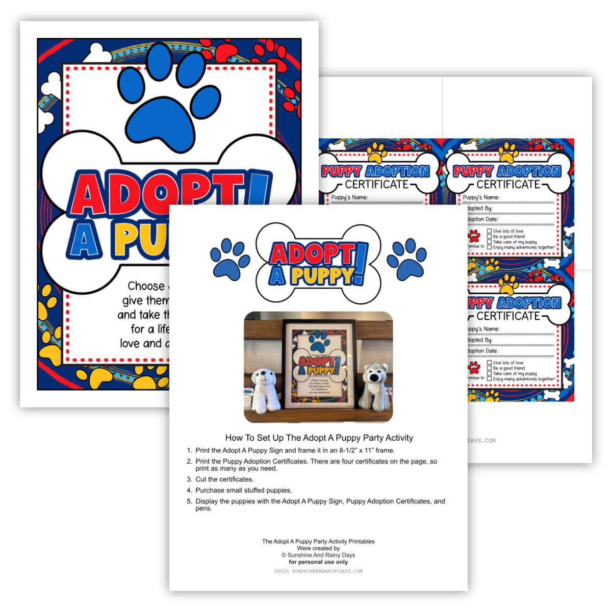 Image of three printable pages for an Adopt A Puppy Activity.