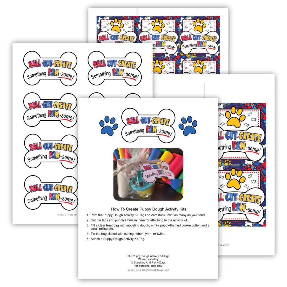 Image of four printable pages for Puppy Dog Activity Kit tags.