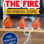 Image of three printable flames attached to a 2x4 with hinges for a Put Out The Fire Beanbag Game.
